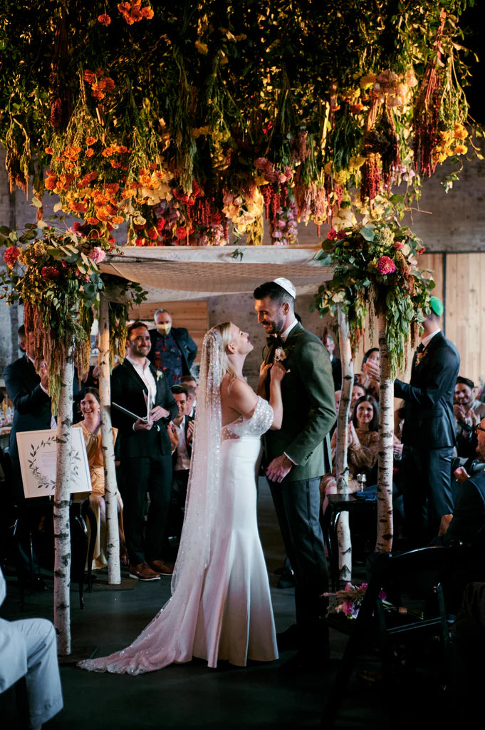 Brooklyn NYC The Green Building chuppah ceremony flowers in the round Molly Oliver Flowers preferred vendor September wedding amaranth celosia dahlias