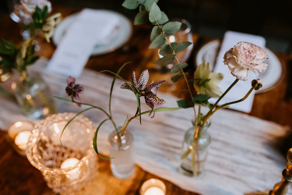 Brooklyn Winery wedding NYC New York table runner bud vases picotee ranunculus fritillaria meleagris Molly Oliver Flowers