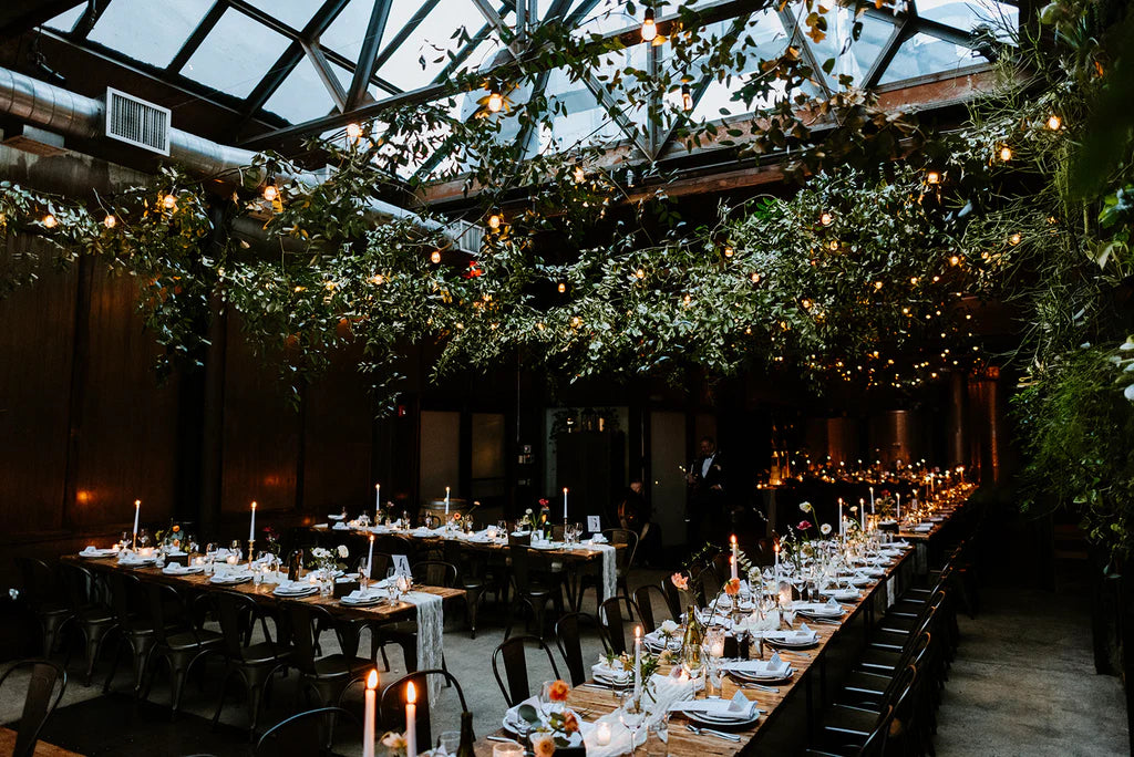 Brooklyn Winery wedding NYC New York family style tables hanging greenery smilax taper candles Molly Oliver Flowers