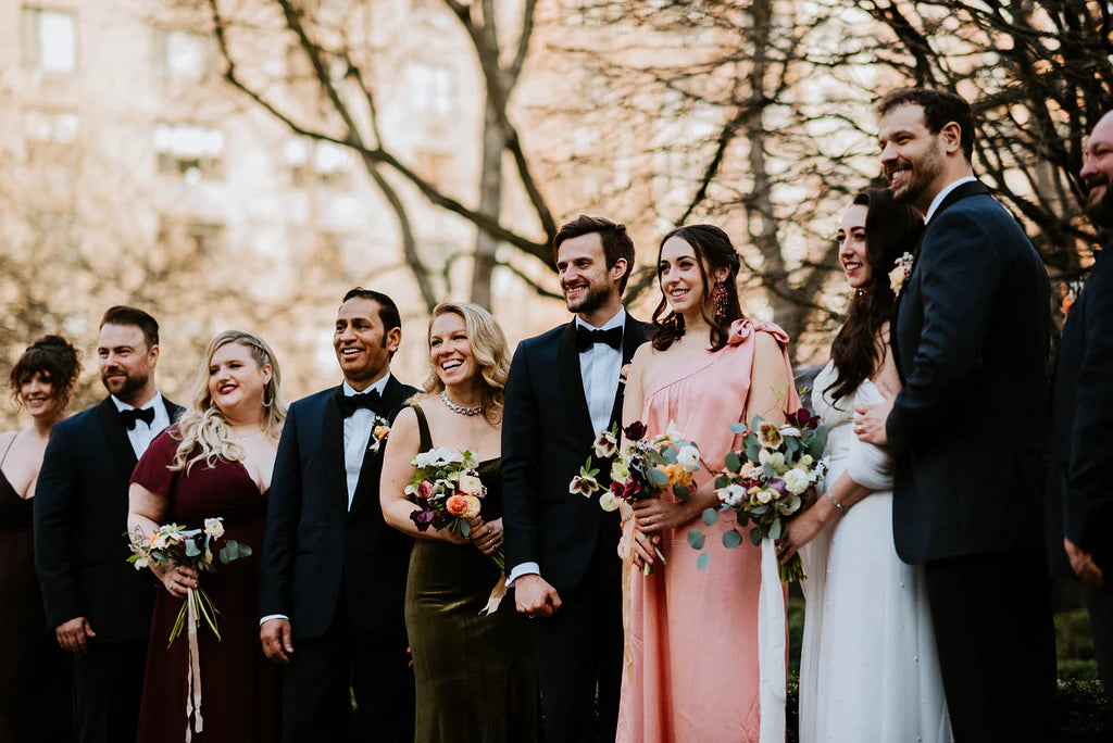 Brooklyn Winery wedding late march peach and plum Anemone Ranunculus silver dollar eucalyptus bridesmaid bouquets Molly Oliver Flowers sustainable