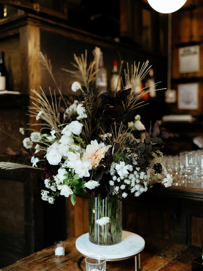 Williamsburg Brooklyn NY Sustainable Fall October Wedding Molly Oliver Flowers Brooklyn Winery Modern Black and White flowers Seasonal Ecofriendly Bar Large arrangement Ammi White Dill Miscanthus grass Cafe Au Last Dahlia Scabiosa