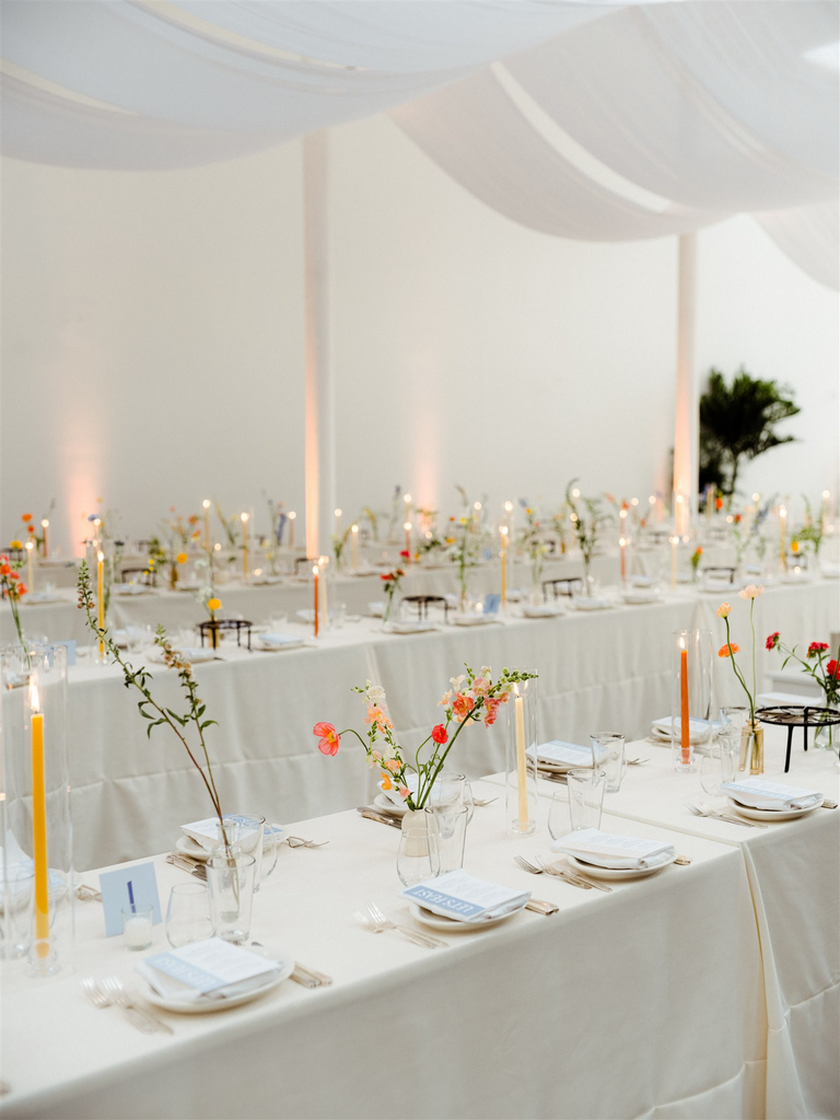 Long rectangular tables wedding flowers eco friendly sound river studios LIC poppies coral sweet pea peach snapdragon golden beeswax taper candles