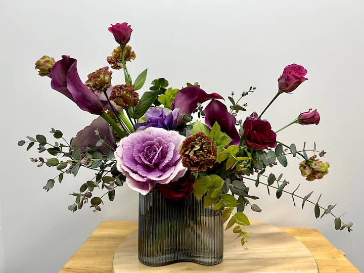 Molly Oliver Flowers Winter Holiday Arrangement party flowers Cutflower Kale Lisianthus Anemone Calla Lily Eucalyptus Purple Green NYC Brooklyn Delivery