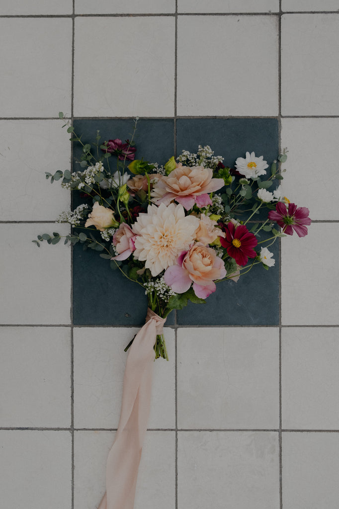 Williamsburg Brooklyn Wythe Hotel Sustainable Fall October Wedding Molly Oliver Flowers Apricot Sage Cranberry Burgundy Bridal Bouquet Chelisse Michael Photography Distant Drums Rose Cafe Au Last Dahlia Rubenza Cosmos Baby Eucalyptus Silk and Willow Plant Dyed Silk Ribbon