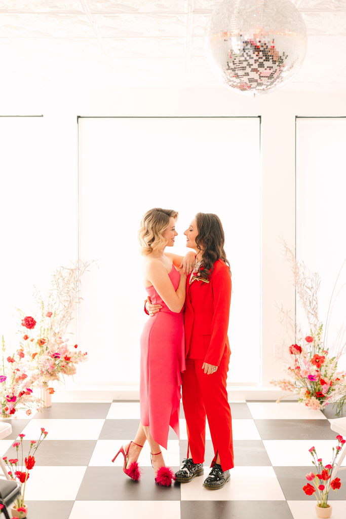 Brooklyn NY February elopement Brindamour Studios Red and Pink Molly Oliver Flowers winter wedding valentines day sustainable eco friendly lgbtq gay wedding ceremony modern florals ikebana inspired peony dried flowers