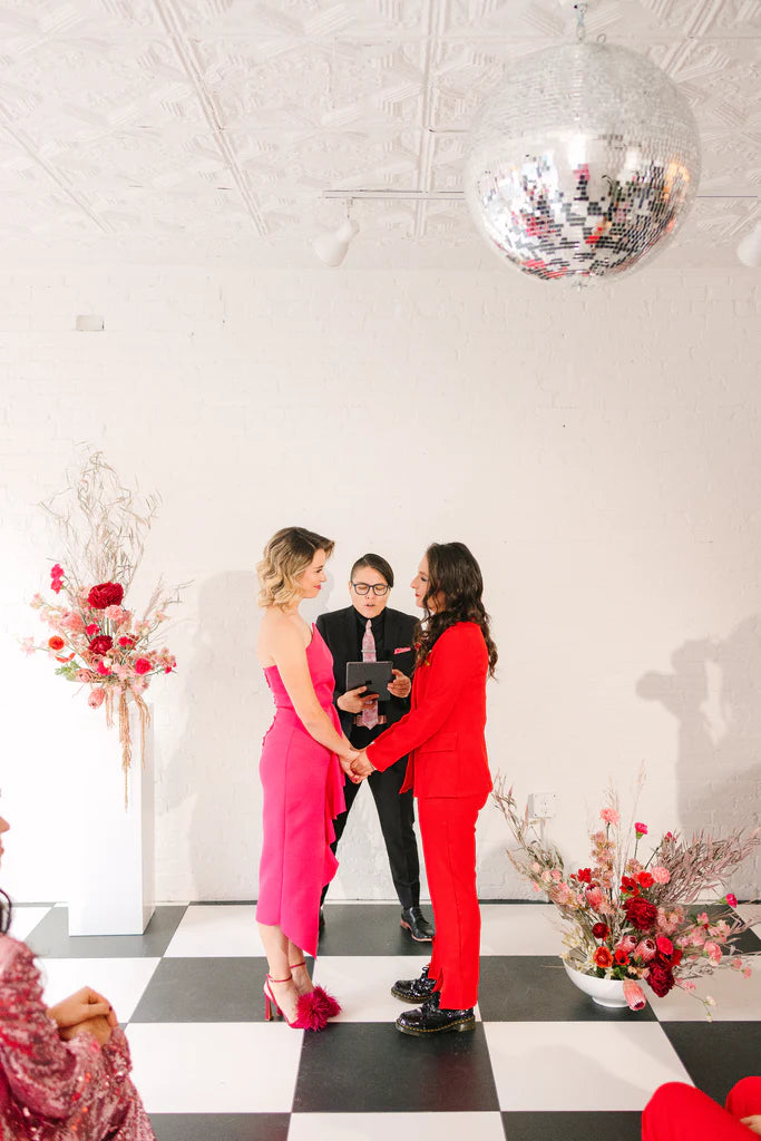 Brooklyn NYC February elopement Brindamour Studios Red and Pink Molly Oliver Flowers winter wedding valentines day sustainable eco friendly lgbtq gay lesbian wedding ceremony asymmetrical modern florals ikebana inspired disco ball