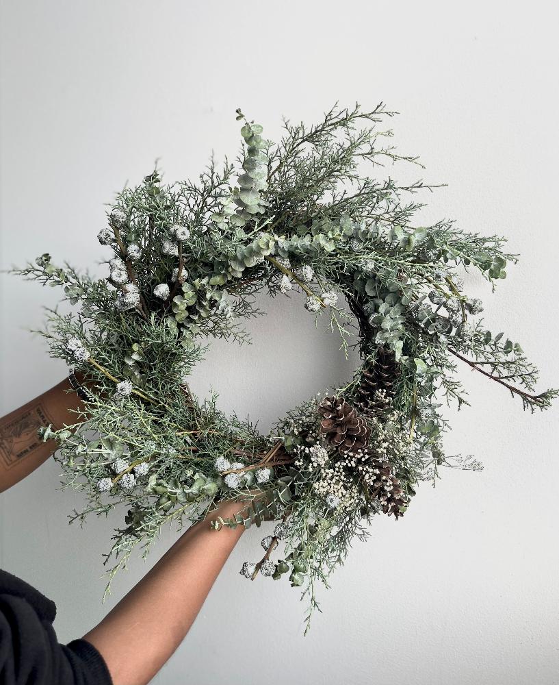 Molly Oliver Flowers Winter Wreath Eastern White Cedar and Eucalyptus