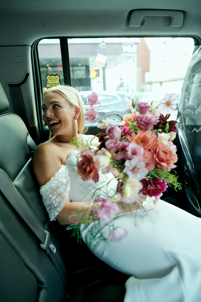 September wedding Brooklyn NYC the green building garden roses lisianthus seashell cosmos dahlias taxi ride bridal bouquet loose and romantic coral and pink eco friendly