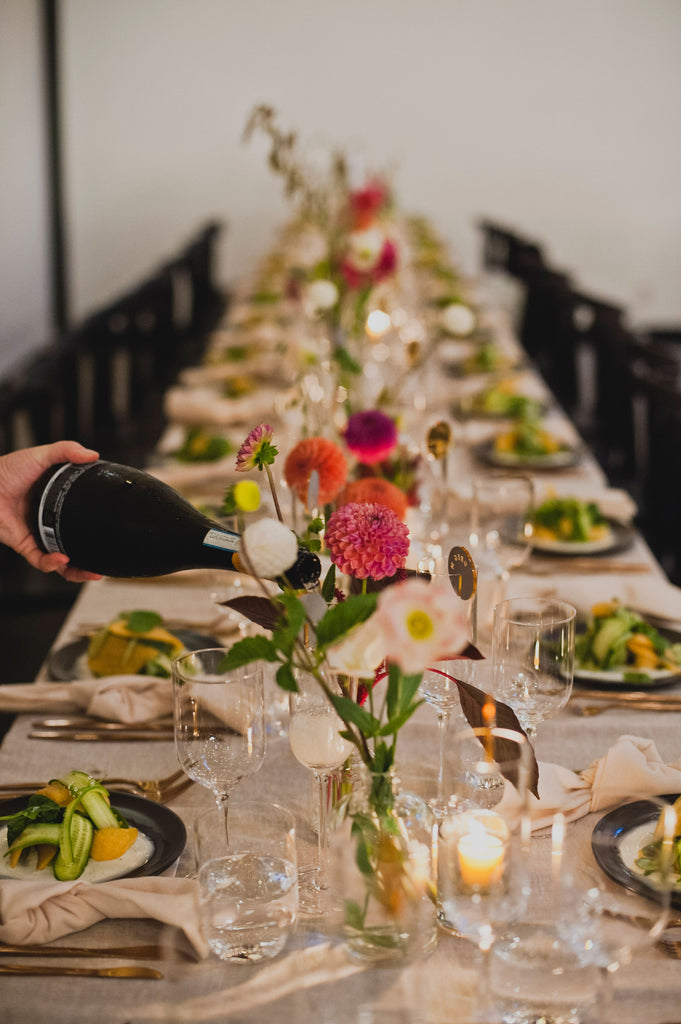 Greenpoint Brooklyn NY Dobbin Street Sustainable Fall September Wedding Molly Oliver Flowers Hot Pink Magenta Fuscia White Apricot Khaki Bedford long rectangular tables jewel tone dahlias Poppies catering pink Lisianthus