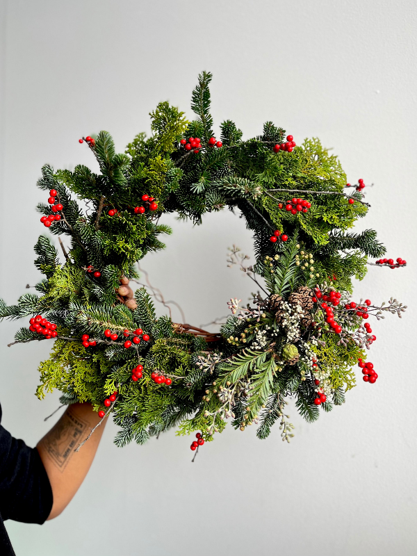 Molly Oliver Flowers Winter Wreath Holiday decorative evergreen balsam cedar red berries baby's breath pinecones redwood tips NYC Brooklyn Delivery