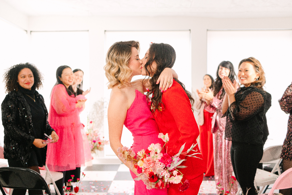 Brooklyn NY February LGBTQ elopement Brindamour Studios Red and Pink Molly Oliver Flowers winter wedding valentines day event sustainable eco friendly