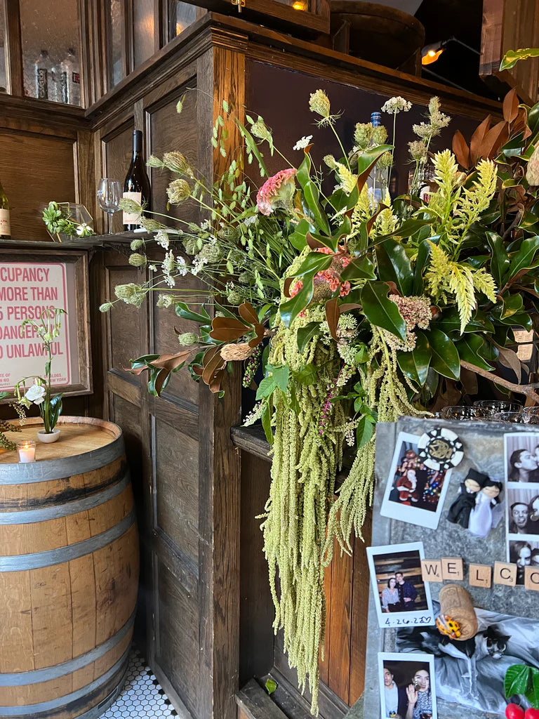 Williamsburg Brooklyn NYC Sustainable Fall Wedding Molly Oliver Flowers Brooklyn Winery Bar Arrangement Modern and Sculptural Sylphide Celosia Hanging Amaranth Mountain Laurel