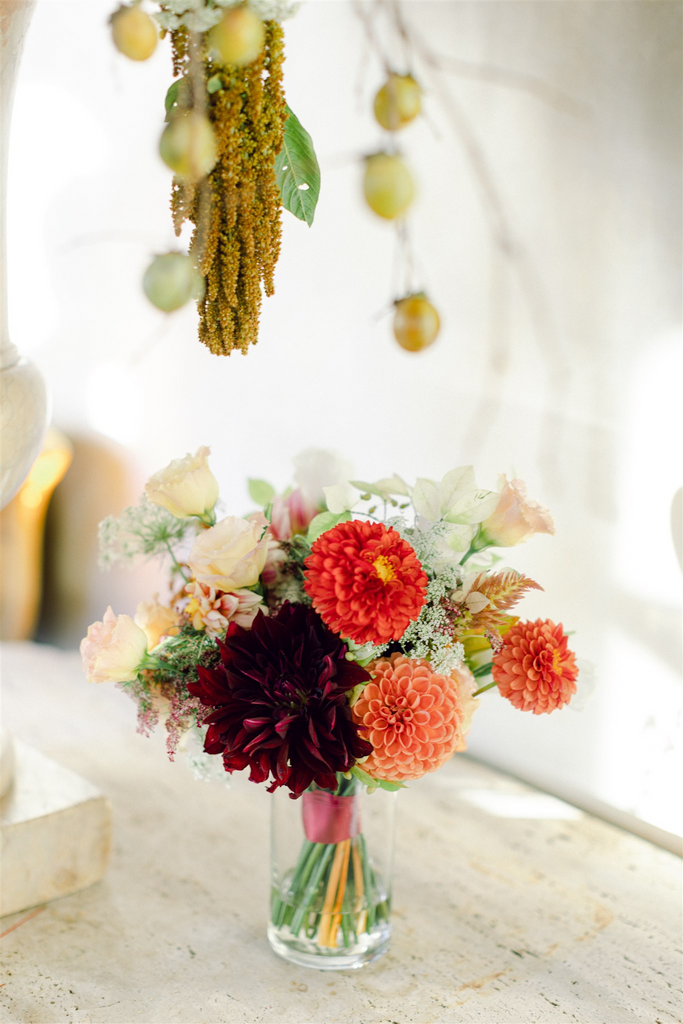 Red Hook Brooklyn Marlow Events Sustainable Fall October Wedding Molly Oliver Flowers White Orange Rust Peach Modern Wild Elegant Autumn Vibes Bridal Bouquet Burgundy Ribbon Rip City Dahlia Cornell Bronze Dahlia Celway Terrecotta Celosia