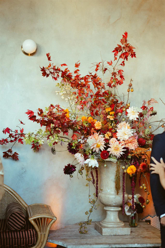 Red Hook Brooklyn Marlow Events Sustainable Fall October Wedding Molly Oliver Flowers White Orange Rust Peach Modern Wild Elegant Autumn Vibes Bridal Bouquet Burgundy Ribbon Rip City Dahlia Cornell Bronze Dahlia Celway Terrecotta Celosia