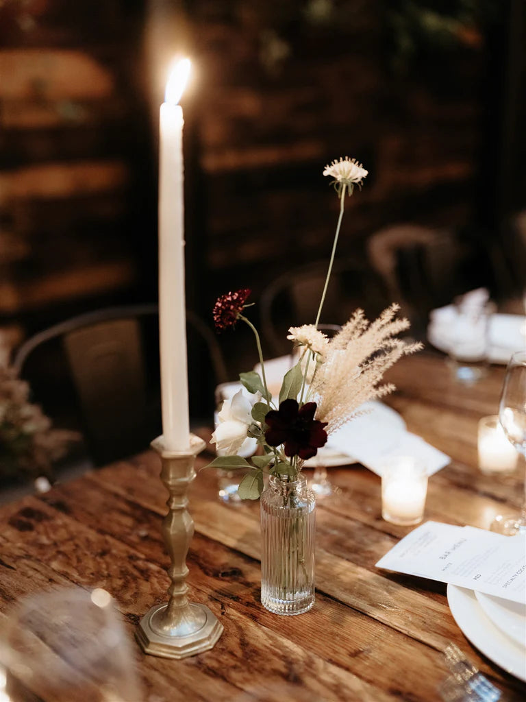 Williamsburg Brooklyn NYC Sustainable Fall October Wedding Molly Oliver Flowers Brooklyn Winery Modern Black and White flowers Seasonal Ecofriendly Clear glass bud vase Chocolate Cosmos Black Knight Scabies Miscanthus grass & candle