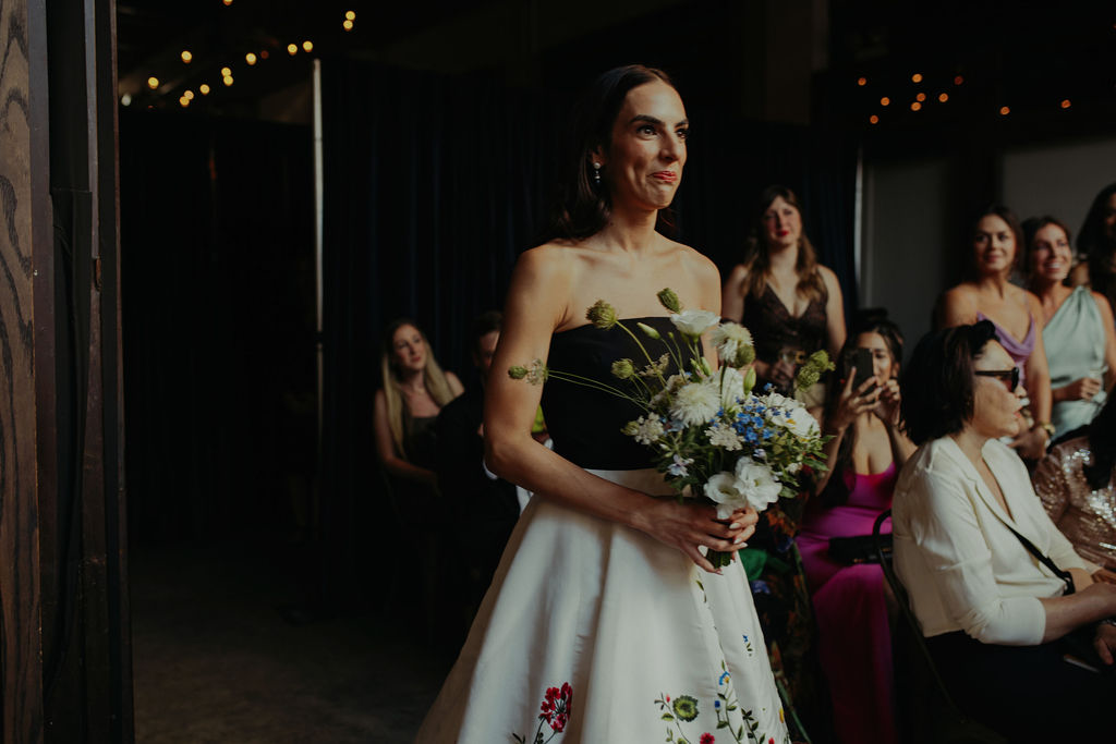 Williamsburg Brooklyn NYC Sustainable Fall Wedding Molly Oliver Flowers White and Black Brooklyn Winery Lisianthus Forget Me Not Queen Annes Lace Bridal Bouquet
