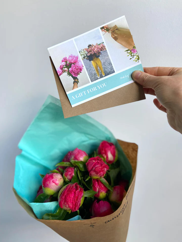 Handtied bouquet gift card compostable paper seasonal bouquet local flowers brooklyn peonies