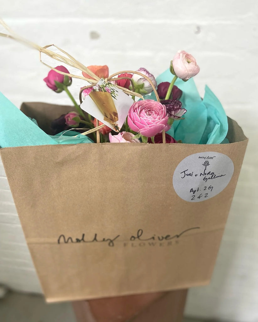 Ceramic vase arrangement gift bag compostable packaging seasonal flowers local flowers brooklyn ranunculus pink
