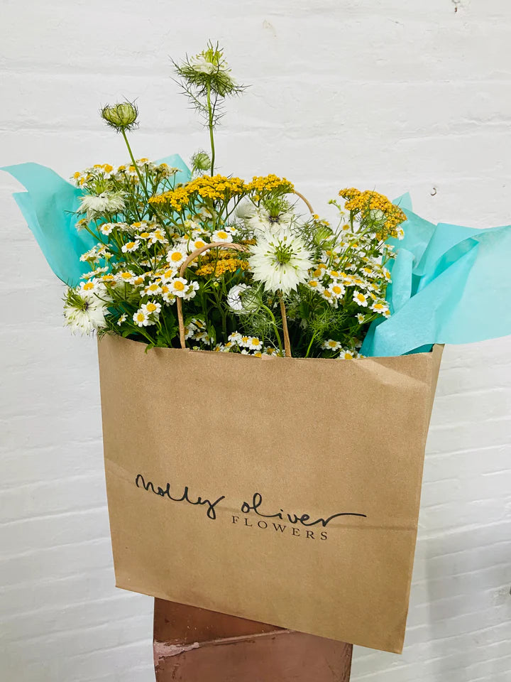 Ceramic vase arrangement gift compostable packaging seasonal flowers local flowers brooklyn Nigella Feverfew Yarrow yellow and white cheerful