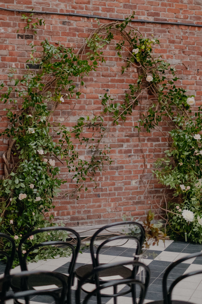 Williamsburg Brooklyn Wythe Hotel Sustainable Fall October Wedding Molly Oliver Flowers Apricot Sage Cranberry Burgundy Cafe Au Lait Wild Ceremony Arch Secret Garden Vibes Garden Roses Smilax Wisteria Vine