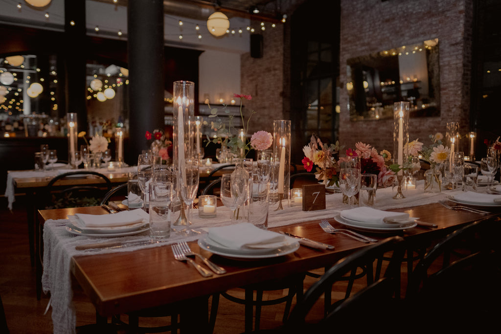 Williamsburg Brooklyn Wythe Hotel Sustainable Fall October Wedding Molly Oliver Flowers Apricot Sage Cranberry Burgundy Eclectic dinner table Small Medium arrangements Peaches and Cream Dahlia Queen Lime Orange Zinnia Taper Candles Rubenza Cosmos Cheesecloth Runner