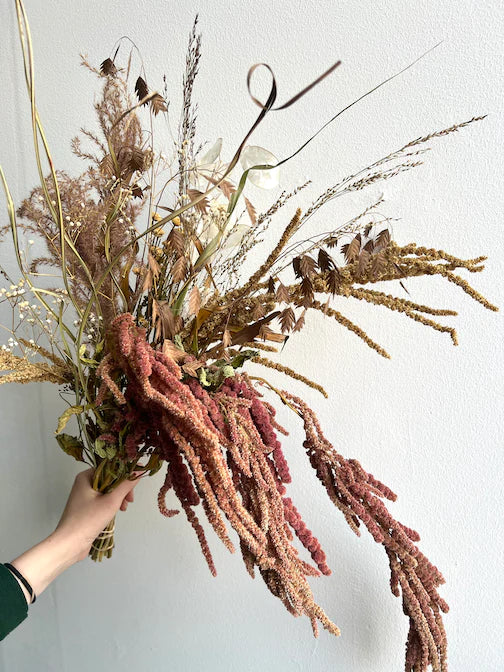 Dried Coral Fountain Amaranth Lunaria Miscanthus Northern Sea Oats Dried flowers November seasonal subscription bouquet Molly Oliver Flowers NYC delivery and pick up sustainable 100% locally sourced eco conscious waste free packaging