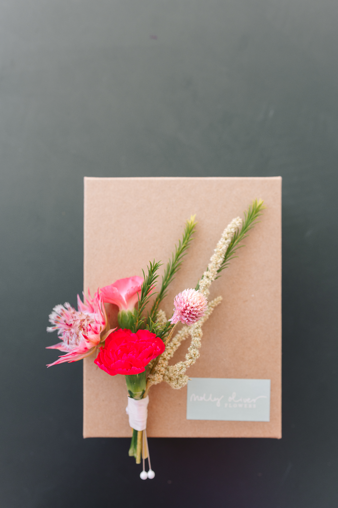 Brooklyn NY February elopement Brindamour Studios Red and Pink Molly Oliver Flowers winter wedding valentines day sustainable eco friendly lgbtq wedding ceremony modern florals boutonniere corsage carnation blushing bride amaranth Gomphrena Kraft paper low waste