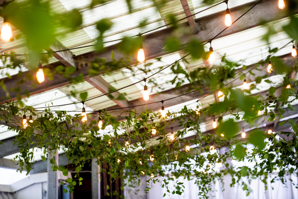Brooklyn grange corporate event hanging greenery string lights foam free sustainable event Molly Oliver Flowers NYC New York